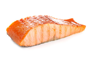 Cooked salmon fillet on white background