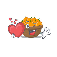 A romantic cartoon design of orange fruit basket holding heart