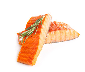 Cooked salmon fillet on white background