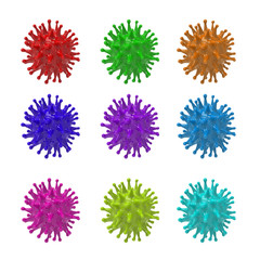 Set of virus bacteria cells. 3D render collection of images isolated on white background. Flu, influenza, coronavirus model. Covid-19 bacterium illustration