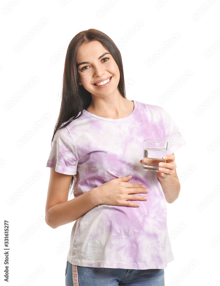 Sticker Beautiful pregnant woman with glass of water on white background