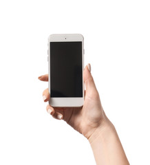 Female hand with mobile phone on white background