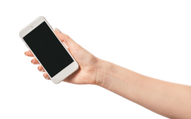 Female hand with mobile phone on white background