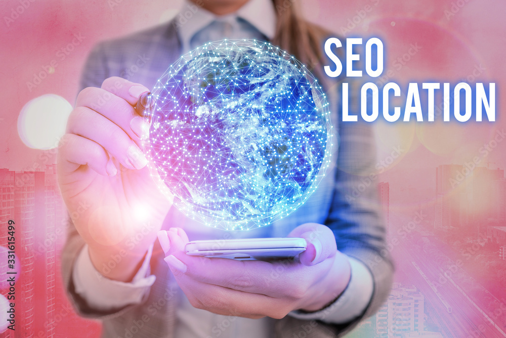 Poster text sign showing seo location. business photo text process to optimize pages on your site to show f