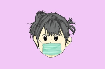 Girl Use masks to protect against dust, viruses, or surgery, Use a mask To protect yourself And your loved,Illustration hand drawing.