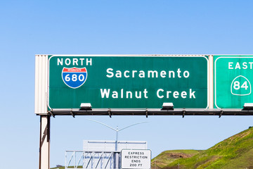 North Interstate 680 towards Walnut Creek and Sacramento freeway signage, East San Francisco bay,...
