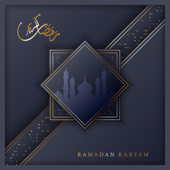 Ramadan kareem greeting card with silhoute mosque decoration with dot elemen and arabic calligraphy