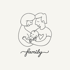Obraz premium Father and mother in love hug their baby. Vector contour, silhouette illustration. Linear logo of Happy parents and newborn. Happiness and childbirth. Family print, postcard, poster.