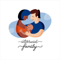 Vector flat illustration happy interracial couple with foster baby. Portrait of a father; african dark skinned mother and black skinned kid in cartoon style. Multiracial family and linear lettering. I