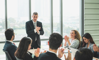 Business People Meeting Conference Discussion Corporate Concept in office. Team of newage Multiethnic Diverse Busy Business People in seminar Concept.