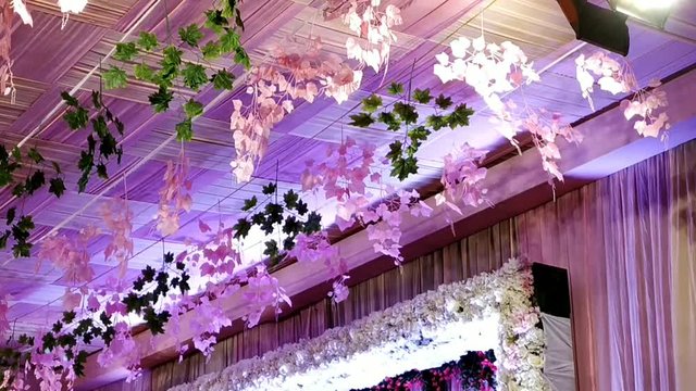 Multicolored hanging maple leaves with contrast lighting, singing and dancing due to gentle blow of air in a marriage pandal, India