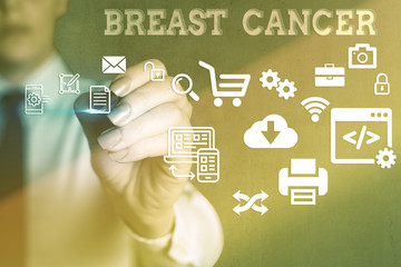 Handwriting text writing Breast Cancer. Conceptual photo Malignant tumour arising from the cells of...