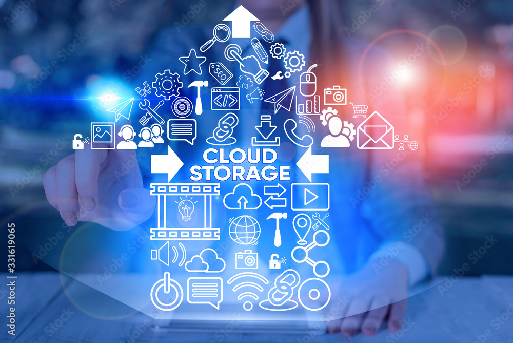 Poster word writing text cloud storage. business photo showcasing the digital data is stored and managed in