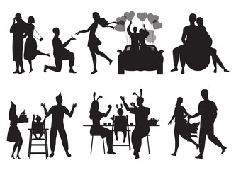 A set of silhouettes of scenes about the lives of two people in love. Black and white vector illustration from dating to childbirth.