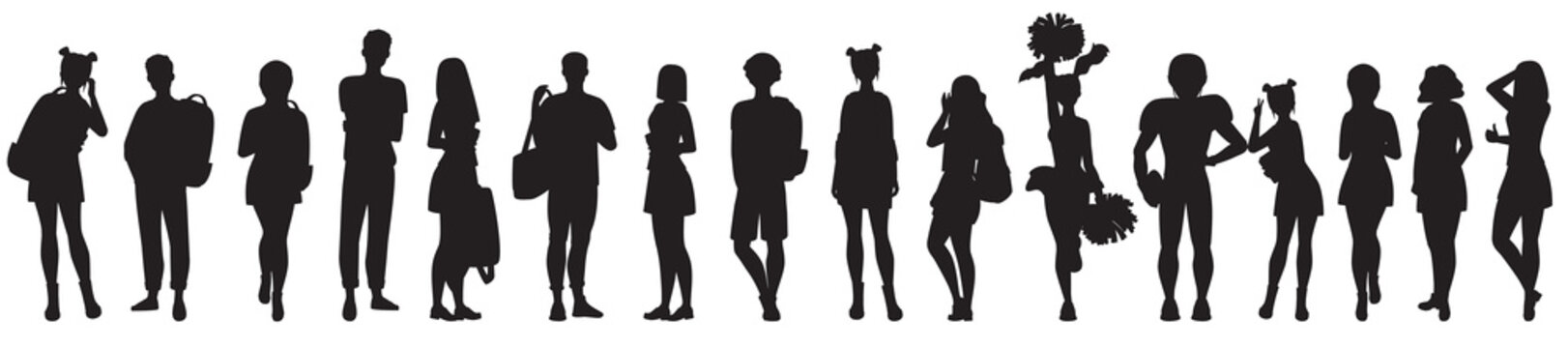 PrintA silhouette of teenage girls and boys with books and backpacks. Black and white vector illustration 