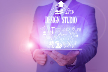 Handwriting text Design Studio. Conceptual photo workplace for designers and artisans engaged in...