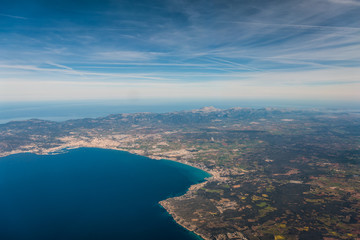 Fototapeta na wymiar Palma de Mallorca and Bay of Palma with the tramuntana mountains in the background - aerial view 
