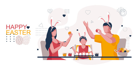A friendly family paints Easter eggs in hare's ears. A woman with a tassel in her hands paints the egg. A man admires the work of his son, a boy with a brush in his hands. Stylish vector illustration 