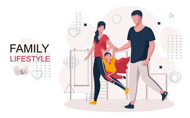 Family lifestyle. Sporty young family go with their child. Kid plays superhero. Parents raise their child's hands mimicking the flight. Stylized illustration of family life. 