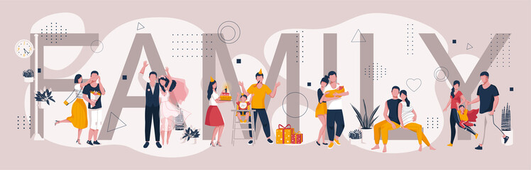 A group of people depicting different stages of family life. The meeting, the wedding, the pregnancy and the care of children. Vector illustration of a happy family life.