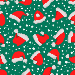Seamless pattern with santa hats and snow. Design element for poster, card, banner, flyer.