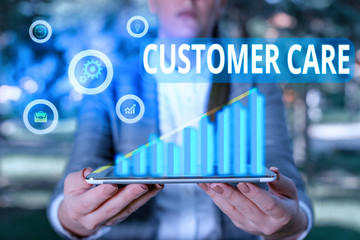 Word writing text Customer Care. Business photo showcasing process of looking after customers to...