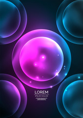 Glowing neon shiny transparent bubbles, glass circles or bio cell concept. Techno futuristic vector abstract background For Wallpaper, Banner, Background, Card, Book Illustration, landing page