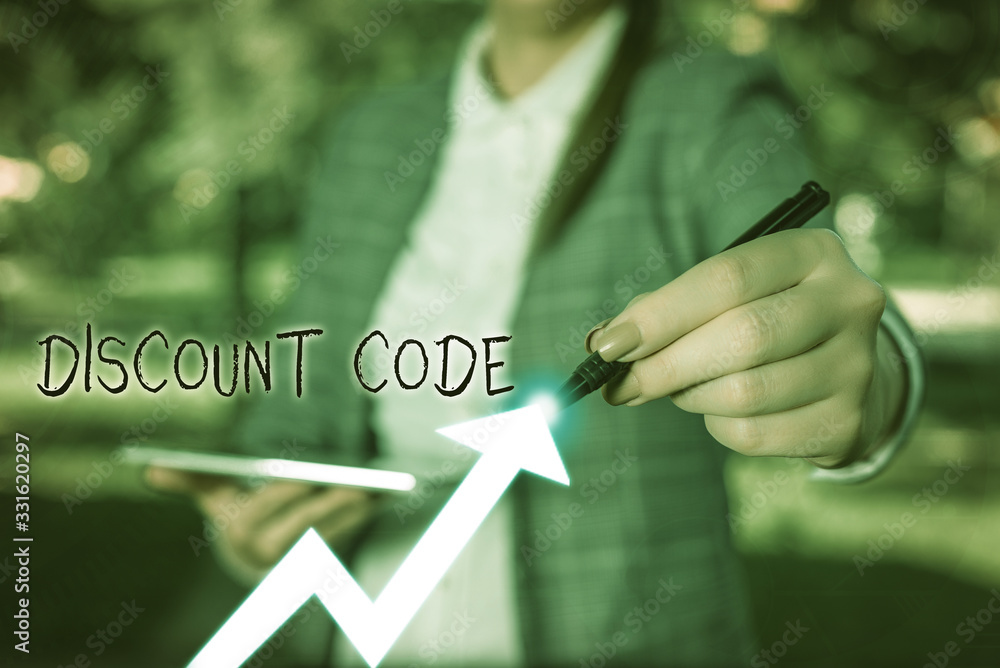 Poster writing note showing discount code. business concept for series of letters or numbers that allow you