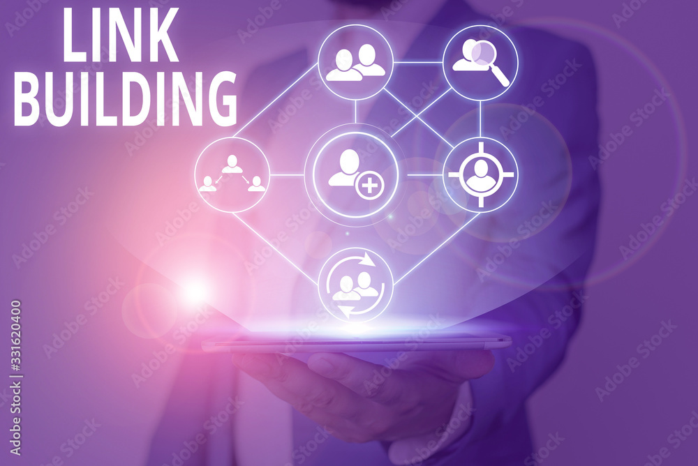 Poster writing note showing link building. business concept for process of acquiring hyperlinks from other 