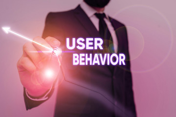Text sign showing User Behavior. Business photo showcasing focuses on user activity as opposed to...