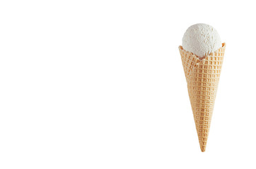 White creamy ice cream in crisp waffle cone isolated on white background, mock up, copy space.