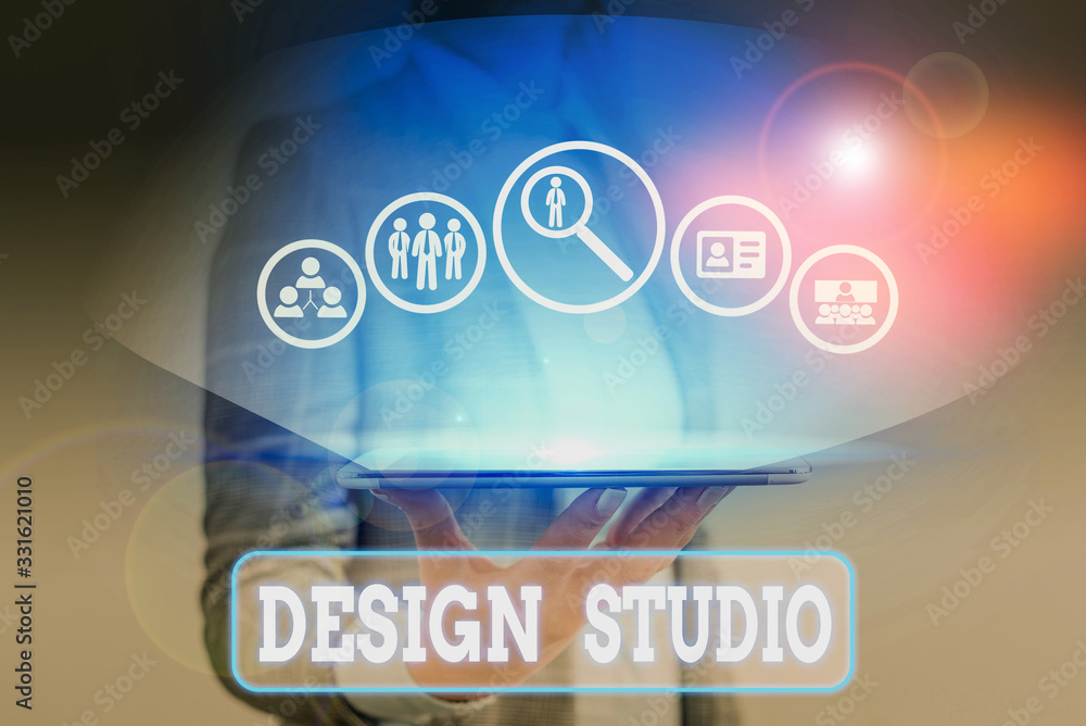 Poster writing note showing design studio. business concept for workplace for designers and artisans engage