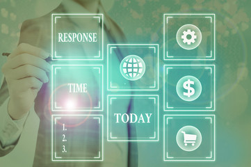 Word writing text Response Time. Business photo showcasing The amount of time that a demonstrating...