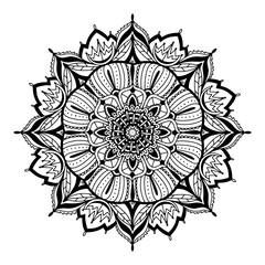 Boho floral mandala black line art. Yoga template circular pattern. Round ink mandala isolated