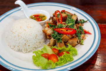 Delicious Crispy roasted pork stir fried with chili and basil leaf. Rice on white plate with pork chili basil. 