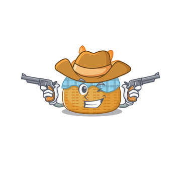 Funny bread basket as a cowboy cartoon character holding guns