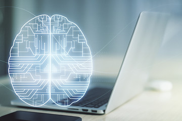 Creative artificial Intelligence concept with human brain sketch on modern computer background. Double exposure