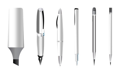 A variety of pencils and pens set in black and white.  Concept of devices for note taking and teaching