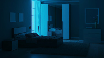 Modern interior of a bedroom with light green walls. Night. Evening lighting. 3D rendering.