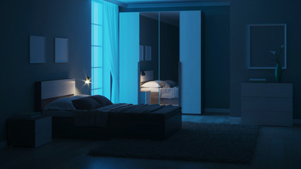 Modern interior of a bedroom with light green walls. Night. Evening lighting. 3D rendering.