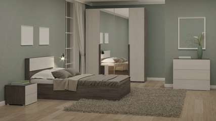 Modern interior of a bedroom with light green walls. Night. Evening lighting. 3D rendering.