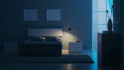 Modern interior of a bedroom with light green walls. Night. Evening lighting. 3D rendering. - 331623230