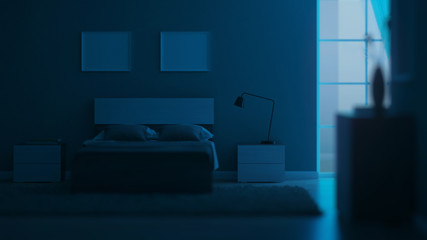 Modern interior of a bedroom with light green walls. Night. Evening lighting. 3D rendering.