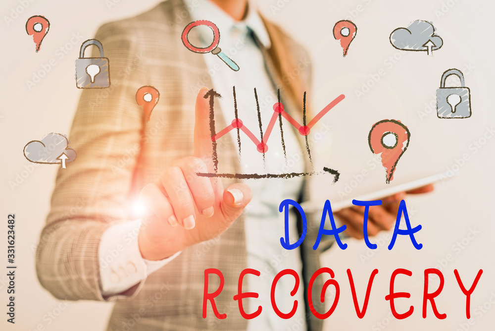 Poster writing note showing data recovery. business concept for process of salvaging inaccessible lost or c