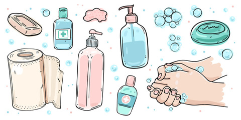 Hand washing, sanitizer, disposable towels, soap for the prevention of viral infections.