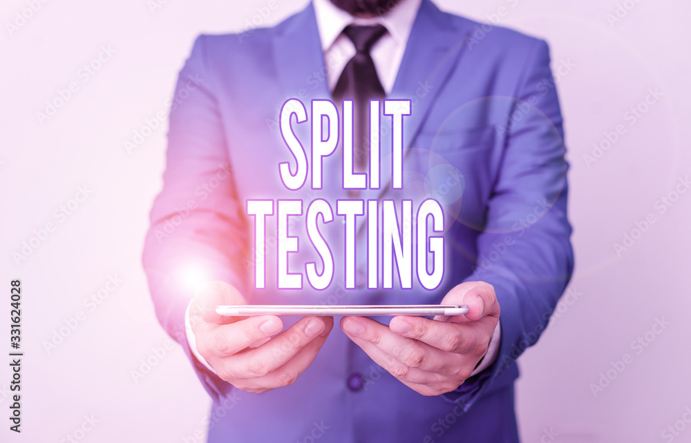Poster word writing text split testing. business photo showcasing issuing the traffic of a website between 