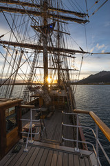 sailing ship with sunset 