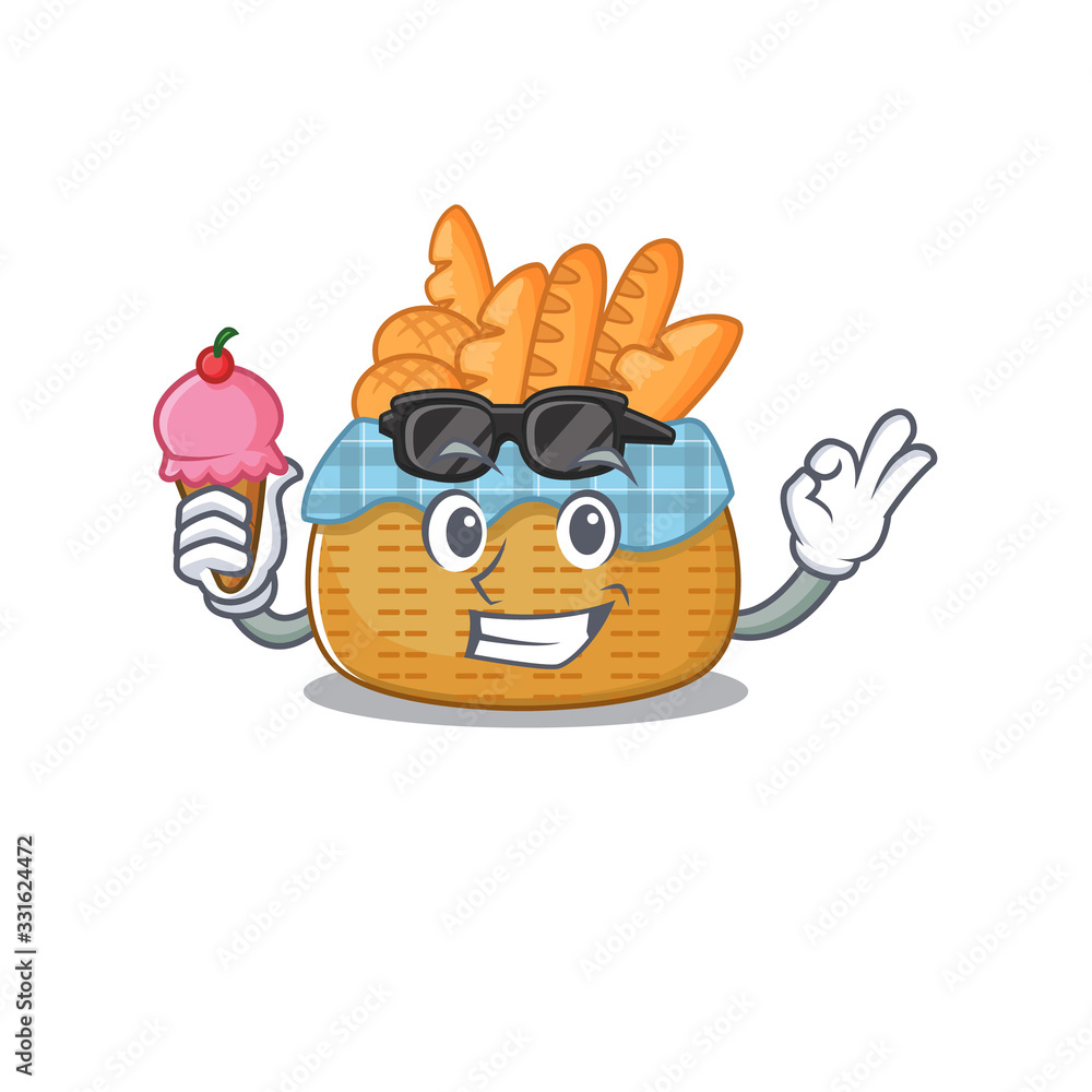 Wall mural cartoon character of bread basket holding an ice cream