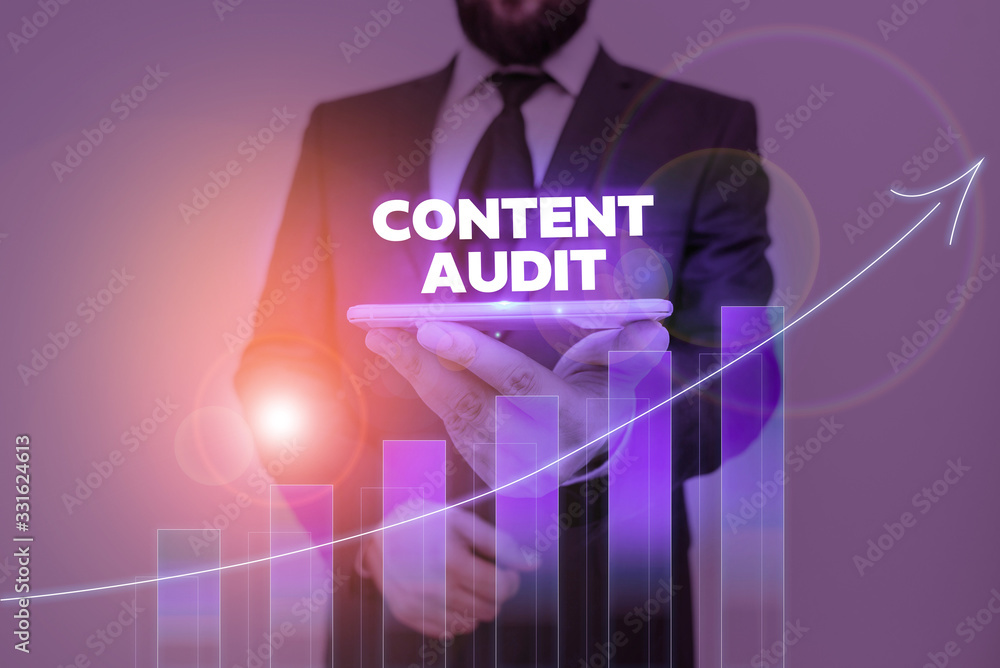 Aufkleber word writing text content audit. business photo showcasing process of evaluating content elements an