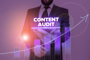 Word writing text Content Audit. Business photo showcasing process of evaluating content elements...